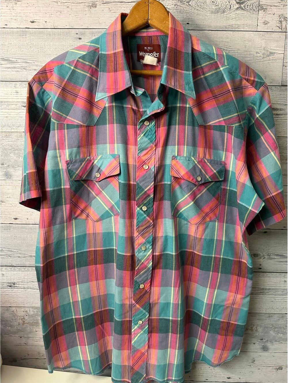Wrangler Pearl Snap Mens Button Down Shirt Size Large Plaid